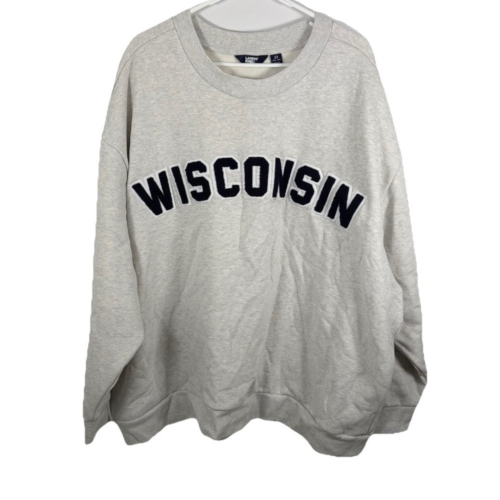 Lands End Wisconsin Sweatshirt Women 2X (20W-22W)‎ Embroidered Gray Crewneck EUC